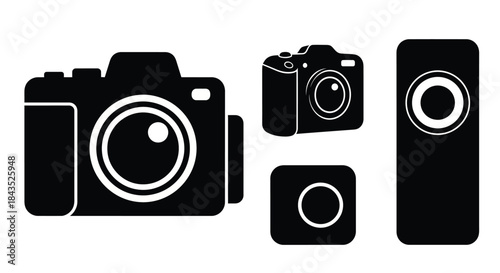 Diverse Camera Silhouettes and Icons: Photography Devices from DSLR to Smartphone App, Vector Graphic Design Elements