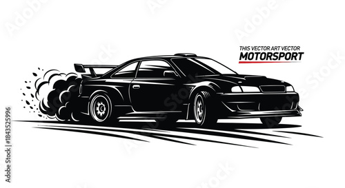 Dynamic Black Rally Car Drifting Vector Illustration with Tire Smoke. Aggressive Motorsport Race Design Element.