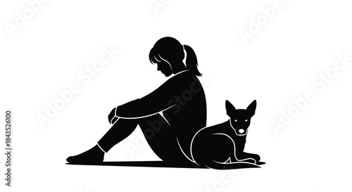 Illustration of a woman sitting with a dog, symbolizing companionship and loyalty