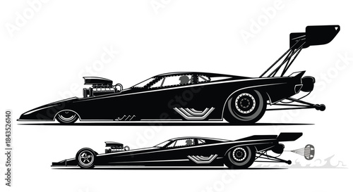 Sleek vector silhouette illustration of powerful drag racing cars, capturing extreme speed and high-octane performance. Dynamic black graphic art depicting intense automotive race
