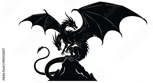 Powerful Two-Headed Dragon Silhouette Perched on Rock, Mythical Fantasy Beast Vector Graphic Design Element, Legendary Creature Illustration