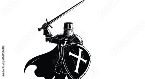 Medieval Knight Warrior Silhouette with Sword and Shield, Emblematic Crusader Warrior Artwork