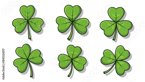 Set of Six Green Shamrock Leaves with Shadows on White Background