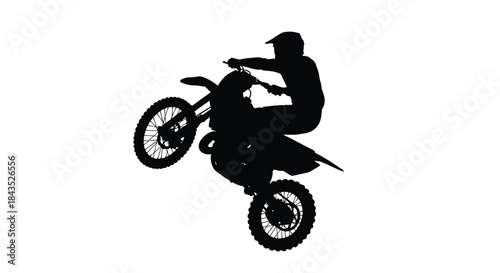 Dynamic Dirt Bike Wheelie Silhouette: Extreme Motocross Rider Performing Stunt on White Background
