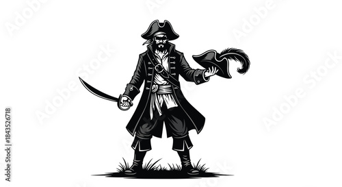 Vintage Style Pirate Illustration with Cutlass and Tricorn Hat. Detailed Black and White Graphic of a Bearded Buccaneer Character Holding a Sword and Hat.