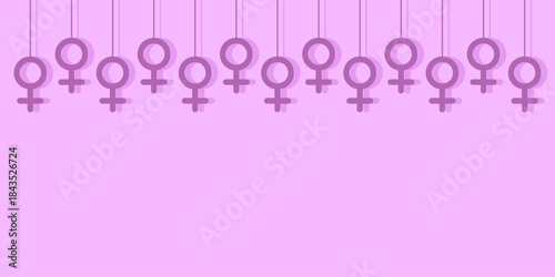 Vector illustration of garland made from purple feminine symbols decorating the top of pink background. Clean modern layout with copy space, ideal for text, posters, branding, cards, social designs.