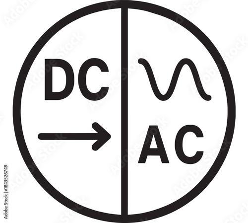 Dc to ac conversion symbol in a circle black silhouette on transparent background