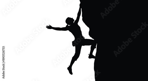Dynamic Silhouette of a Rock Climber on a Steep Cliff Face, Symbolizing Challenge, Determination, and Outdoor Adventure Against White Background