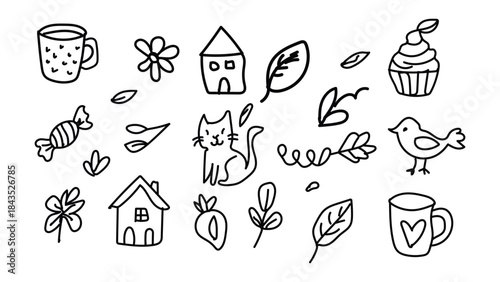 Whimsical line drawings of household and nature elements