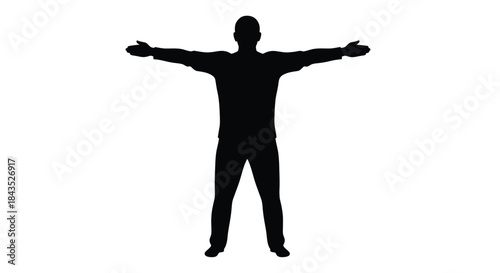 Full Body Silhouette of Man Standing with Arms Outstretched Horizontally on White Background, Representing Openness or Balance