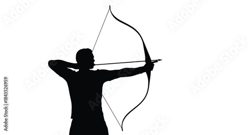 Focused Archer Silhouette Drawing Bow and Arrow, Aiming for Target with Precision, Isolated on White for Sport, Skill, and Achievement Concepts