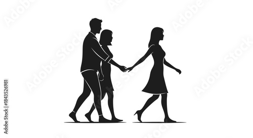 Silhouette of a couple walking with another person following them