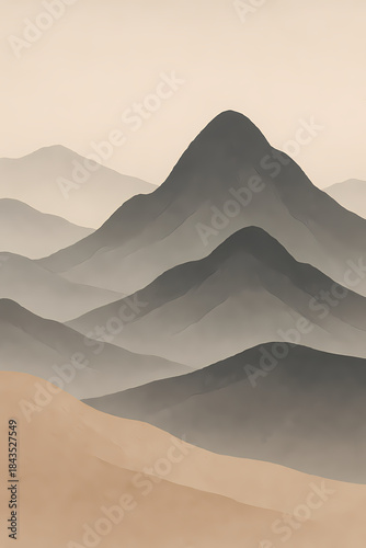 Minimalist Mountain Landscape in Soft Neutral Tones
