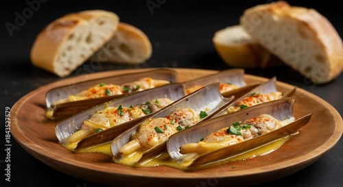 Delicious Razor Clams Cooked in Garlic Butter Sauce with Crusty Bread.