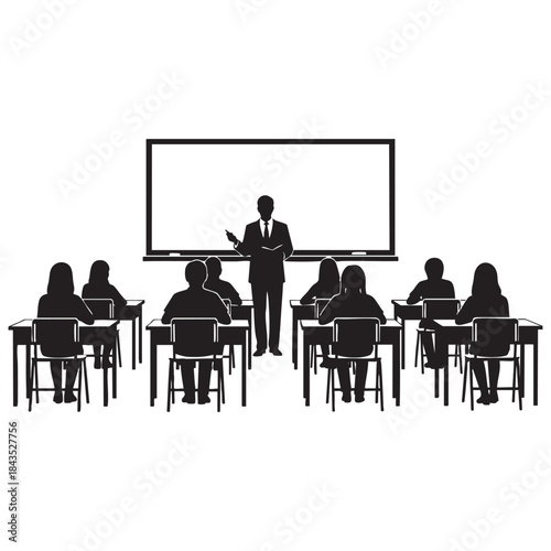 Teacher teaching students in classroom silhouette. Education vector illustration of a lesson with blackboard and desks.