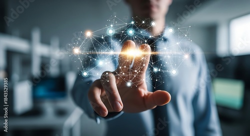 Businessman interacting with a futuristic digital interface, symbolizing innovation, global connectivity, and the power of technology in modern business strategy