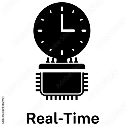Clock above a chip representing real time processing and computing with hands showing the time accurately