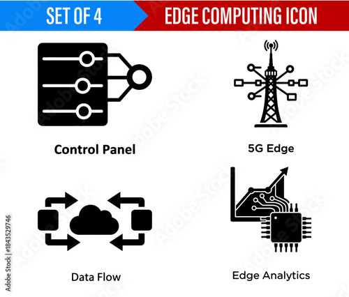 Edge computing icon set featuring control panel data flow 5g edge and edge analytics in black and white