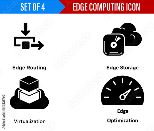 Illustration of edge computing icons representing routing storage virtualization and optimization concept