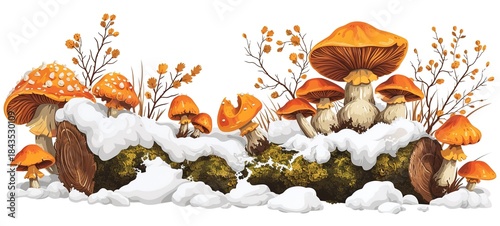 Vibrant orange mushrooms growing amidst snowy forest floor with moss and dry plants.