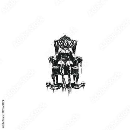 Powerful gothic woman sitting on a luxurious throne with human skulls and ink splatter effects in high-contrast black and white style