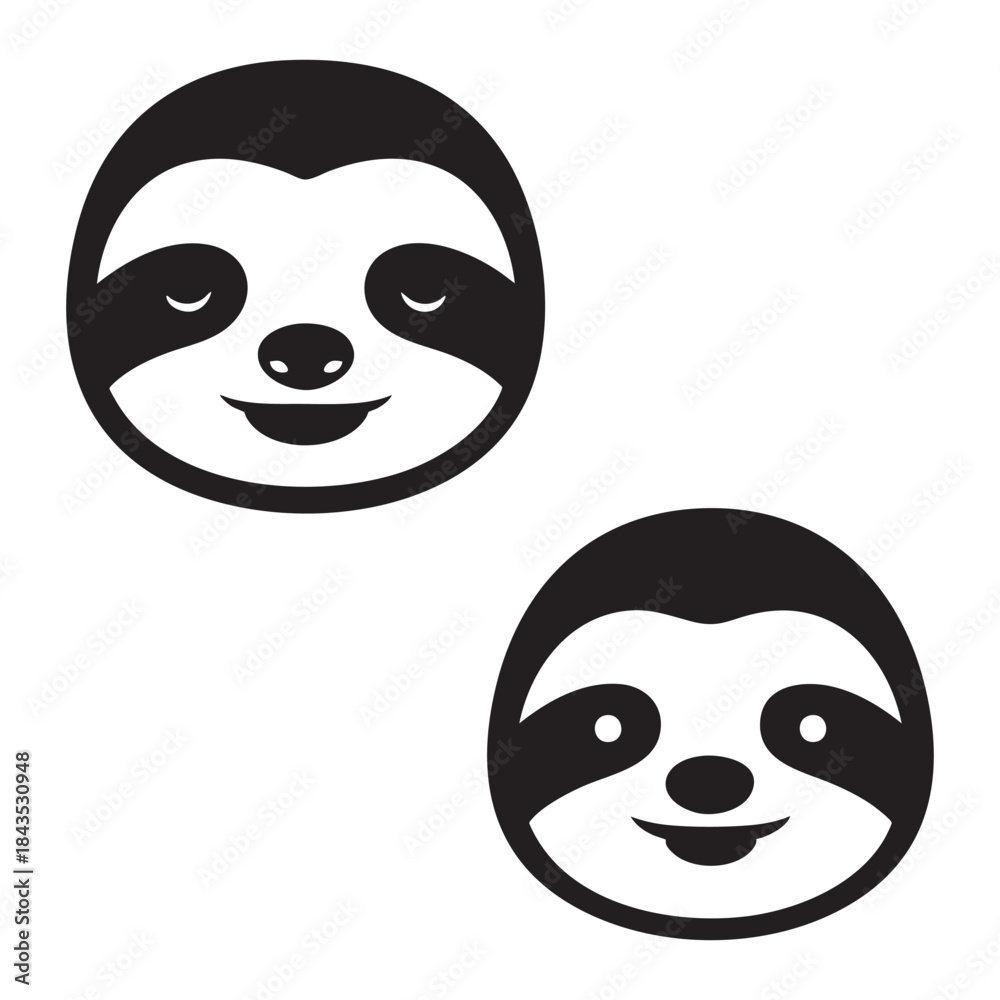 Fototapeta premium Cute sloth face icon set. Sleeping and awake animal head vector illustration. Black and white logo design.