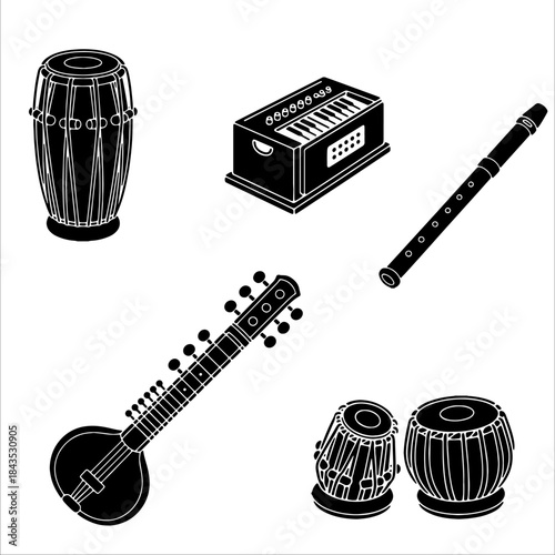 Silhouettes of Indian musical instruments including sitar, tabla, harmonium, flute, and dholak, ideal for cultural themes, vector