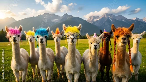 Fototapeta Happy cat party selfie Group of playful felines in festive hats capture a joyful celebration moment