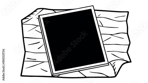 Black and White Line Art Illustration of an Instant Photo Frame on Crumpled Paper or Cloth