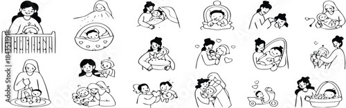 Adorable hand drawn vector illustrations of parents and babies in daily activities

