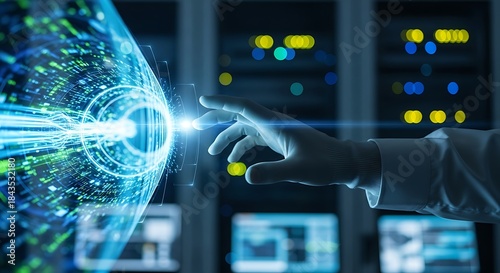 Abstract digital network connection with a human hand touching a glowing sphere
