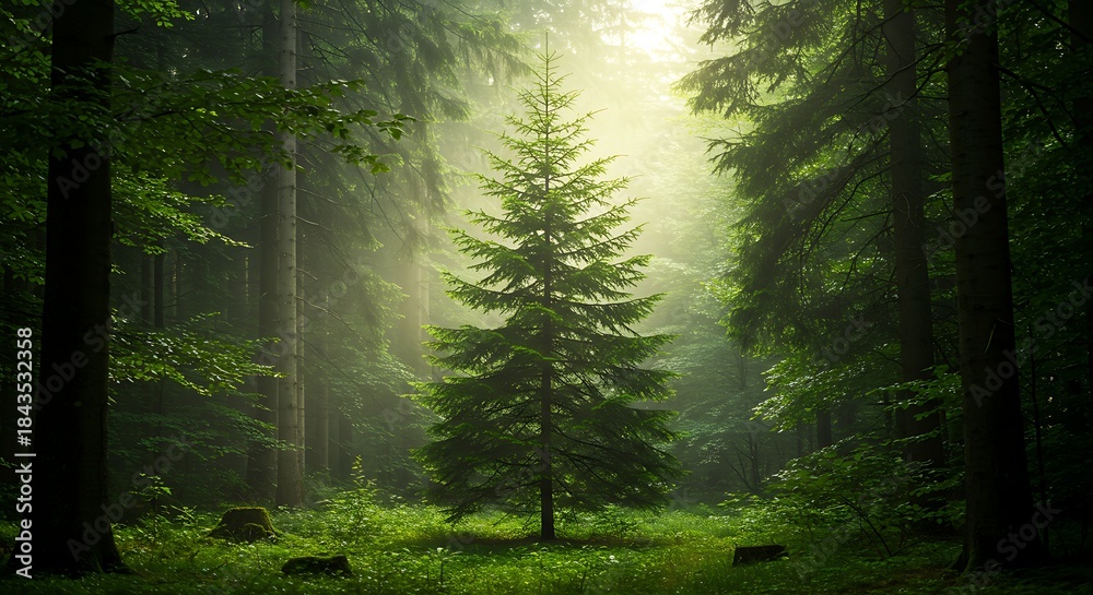 Fototapeta premium Lone Evergreen Tree Bathed in Forest Sunlight.
