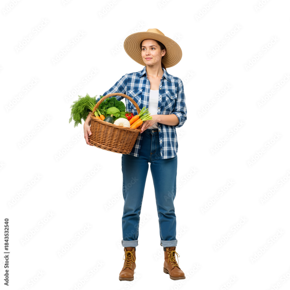 Fototapeta premium Woman with Wicker Basket of Fresh Produce – Rustic Charm and Farm-to-Table Simplicity