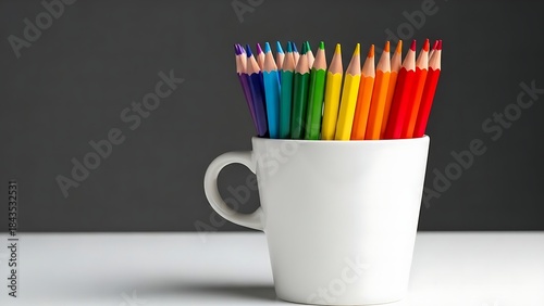 Artistic workspace setup showing a white mug containing colorful drawing implements against a neutral backdrop