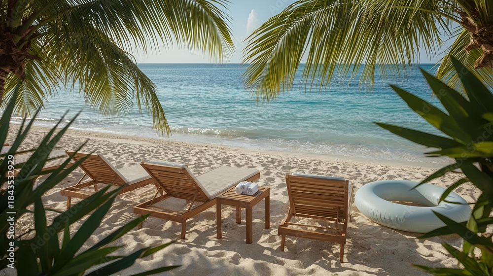 Fototapeta premium Luxury seaside vacation scene with beach chairs, umbrellas, folded towels and inflatable ring at sunset.