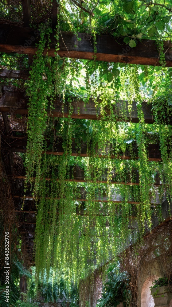 Fototapeta premium Lush hanging vines over wooden structure