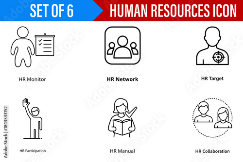 Human resources hr management monitor network target participation manual collaboration icon set vector