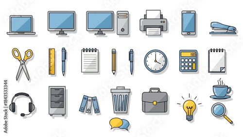 A comprehensive collection of various office supplies, technology devices, and business-related items depicted as flat design icons on a white background.