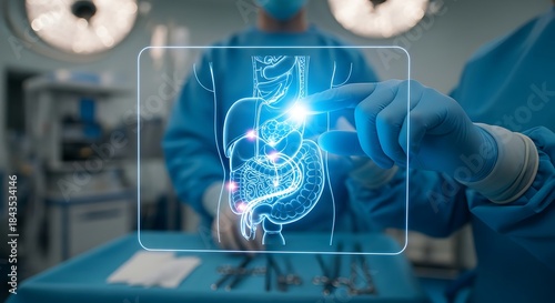 Surgeons utilizing advanced holographic technology for precise visualization and in-depth analysis of the human digestive system in a futuristic medical operating room
