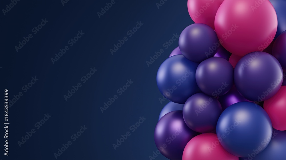 Fototapeta premium Pink and blue balloon background on a dark purple background, copy space concept for birthday party decoration design