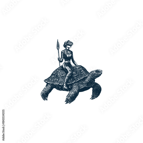 Surreal hand-drawn engraving of a female scuba diver with a spear riding on the back of a giant sea turtle