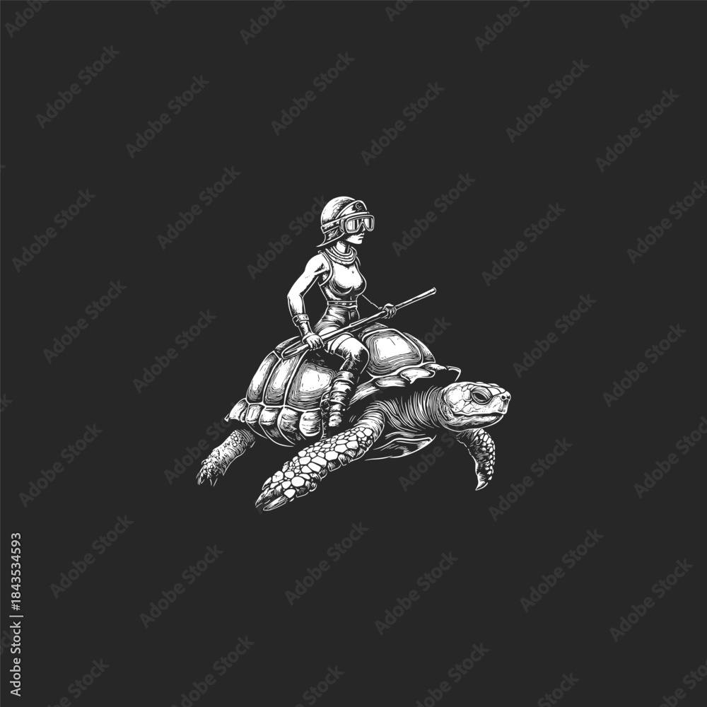 Fototapeta premium Surreal hand-drawn engraving of a female scuba diver with a spear riding on the back of a giant sea turtle