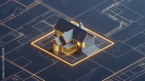 Schematic house on circuit board with golden lights. Suitable for technology or smart home concepts in marketing materials.