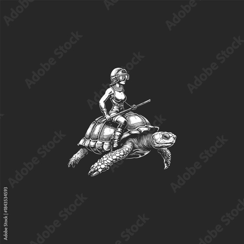 Surreal hand-drawn engraving of a female scuba diver with a spear riding on the back of a giant sea turtle