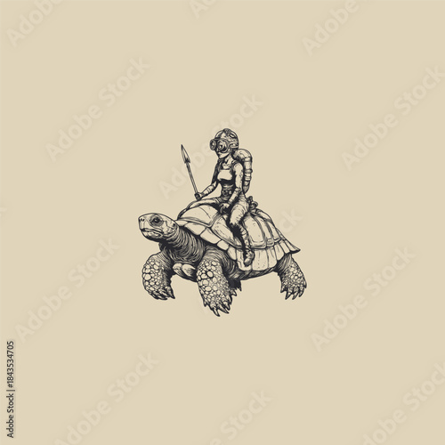 Surreal hand-drawn engraving of a female scuba diver with a spear riding on the back of a giant sea turtle