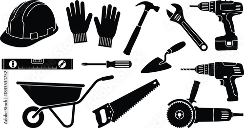 Construction tools, handyman equipment, black silhouette, safety gear, repair icon, vector illustration, carpentry tools, building hardware