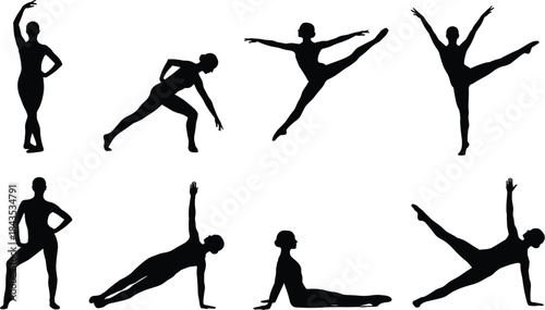 Dance poses, yoga silhouettes, black vector, fitness icon, body movement, flexibility posture, exercise design, strength balance, illustration, gridDance poses, yoga silhouettes, black vector