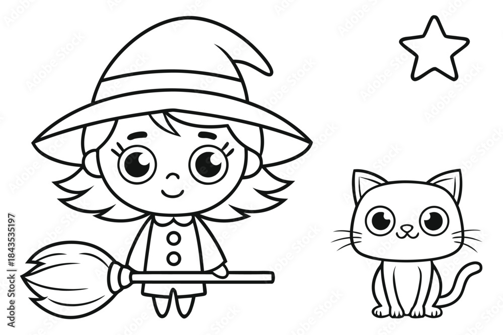 Fototapeta premium Friendly Witch Halloween Coloring Page for Children Outline Vector Illustration