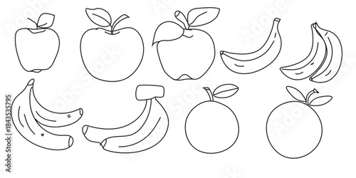 A simple line drawing of various fruits including apples bananas and an orange
