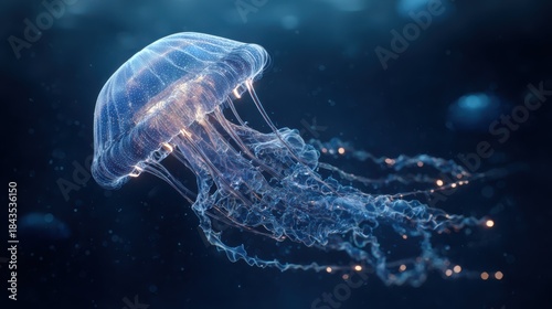 Jellyfish swimming in deep water with glowing tentacles under blue light during ocean exploration